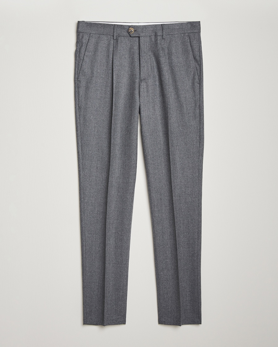 Brunello Cucinelli Slim Fit Pleated Flannel Trousers Grey Melange – Grau