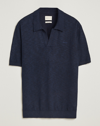 GANT Linen/Cotton Open Collar Polo Evening Blue – Blau