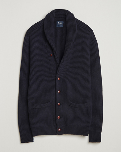 Drake's Lambswool Shawl Collar Rib Cardigan Navy – Blau