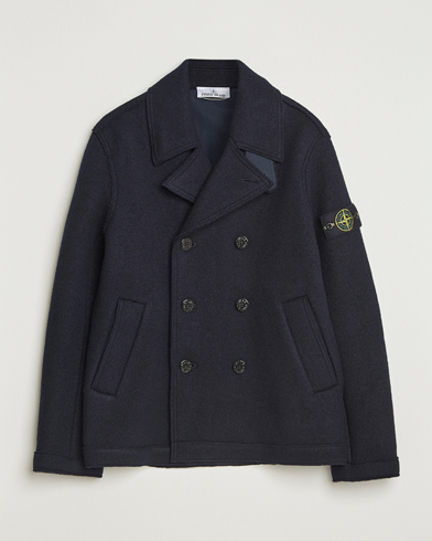 Stone Island Double Breasted Felted Wool Peacoat Navy – Blau