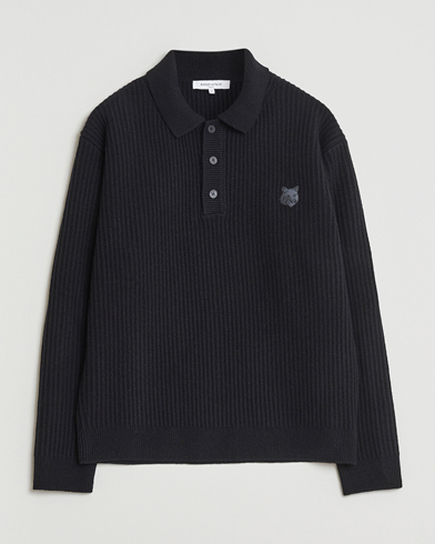 Maison Kitsuné Tonal Fox Head Wool Ribbed Polo Black – Schwarz