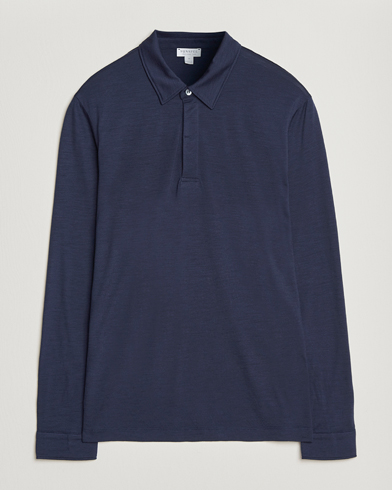 Sunspel Wool Jersey Long Sleeve Polo Navy – Blau
