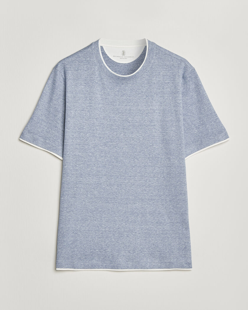 Brunello Cucinelli Double Collar Linen T-Shirt Light Blue – Blau