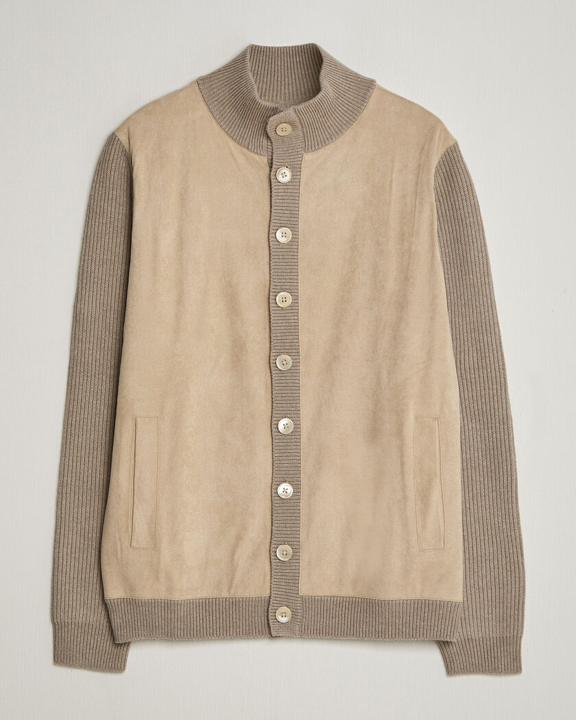 Stenströms Knitted Hybrid Buttoned Alcantara Cardigan Taupe – Beige