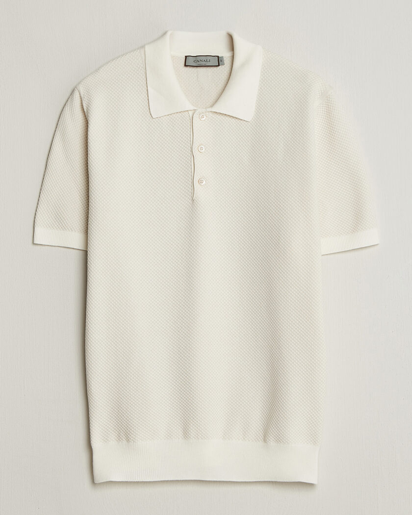 Canali Textured Knit Short Sleeve Polo Off White – Weiß