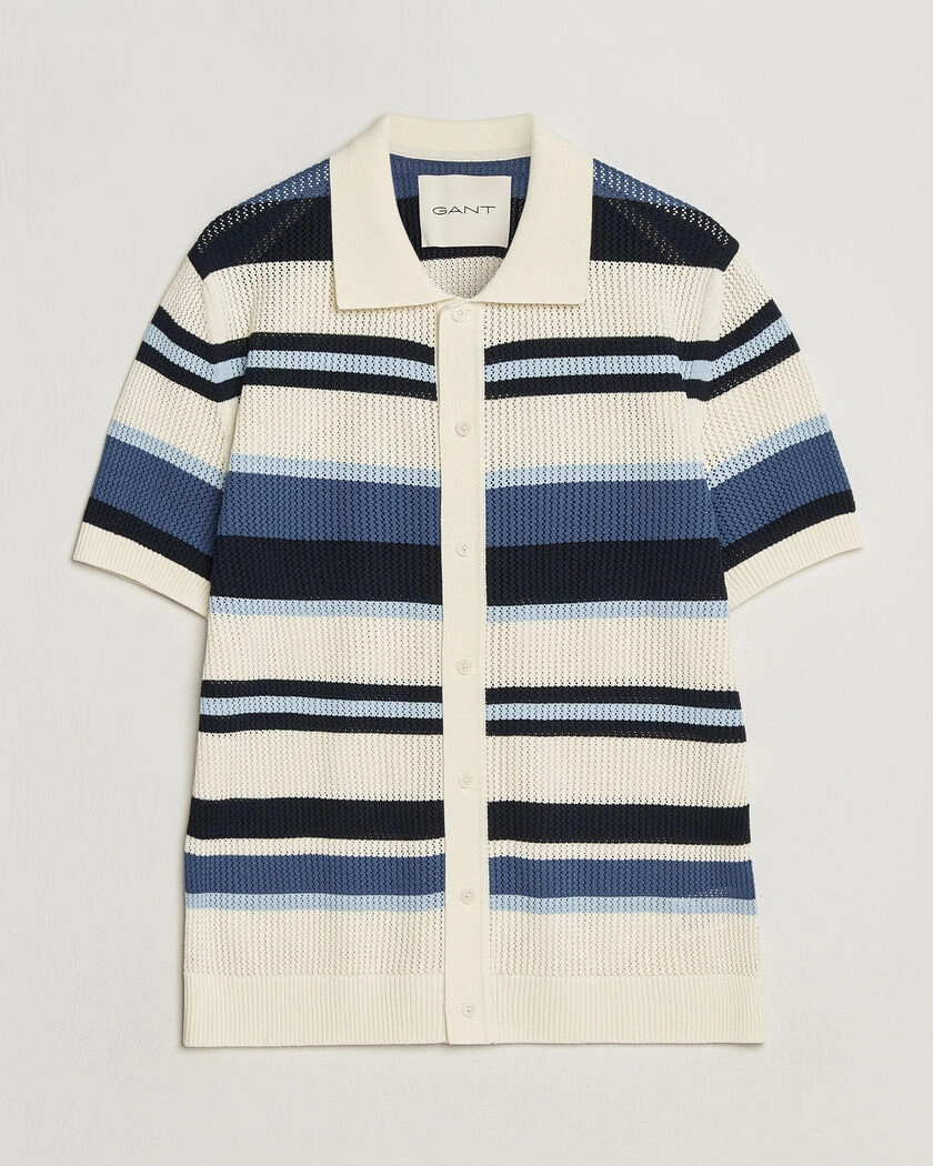 Gant Striped Knitted Short Sleeve Shirt Vintage Blue – Beige