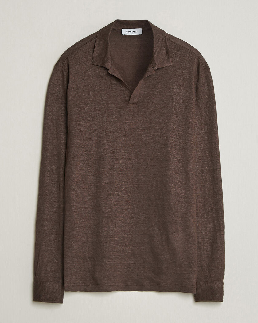 Gran Sasso Washed Linen Long Sleeve Polo Brown Melange – Braun