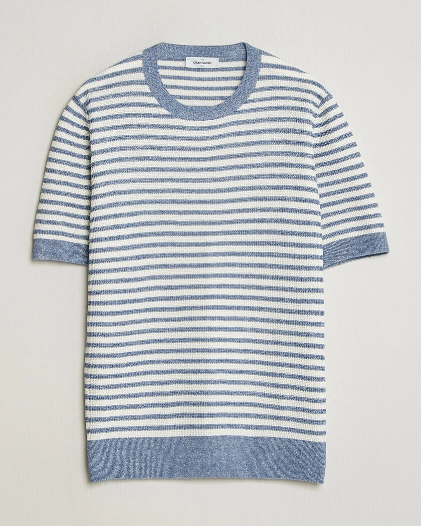Gran Sasso Linen/Cotton Knitted Striped T-Shirt Blue/White – Blau