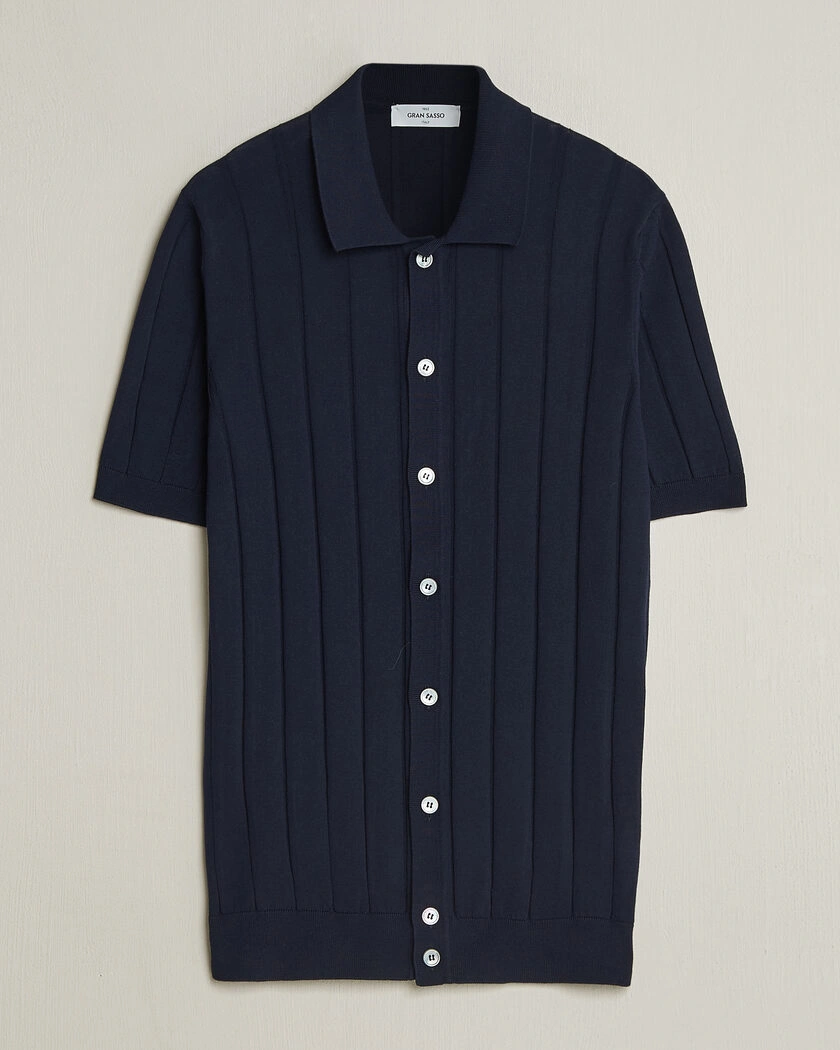 Gran Sasso Cotton Ribbed Knitted Resort Shirt Navy – Blau