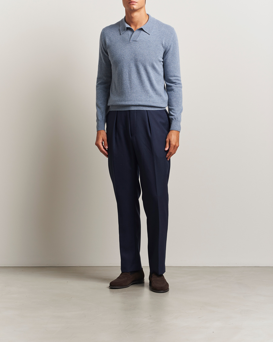 Herren | Pullover | Altea | Long Sleeve Knitted Wool Polo Blue Melange