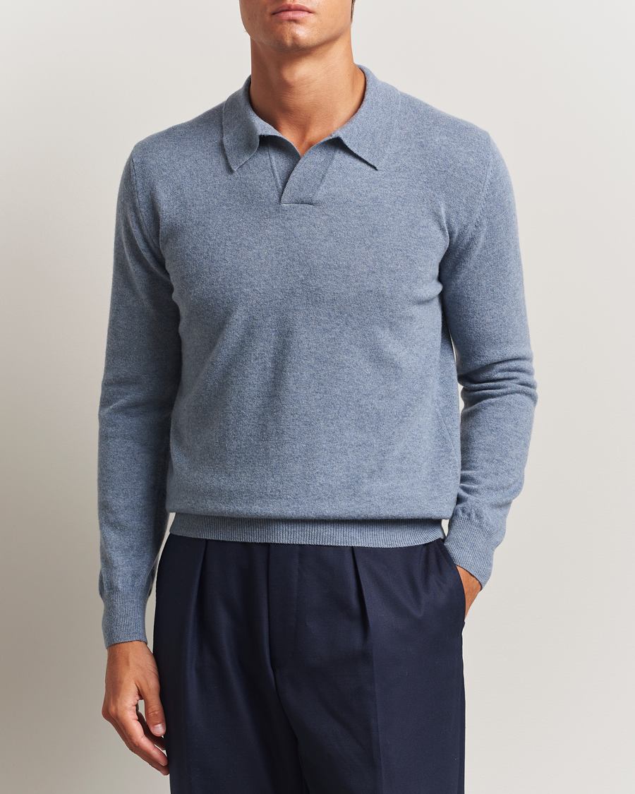 Herren | Pullover | Altea | Long Sleeve Knitted Wool Polo Blue Melange