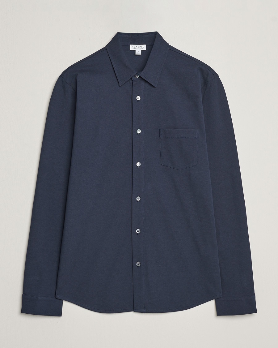 Sunspel Long Sleeve Button Down Pique Shirt Navy – Blau
