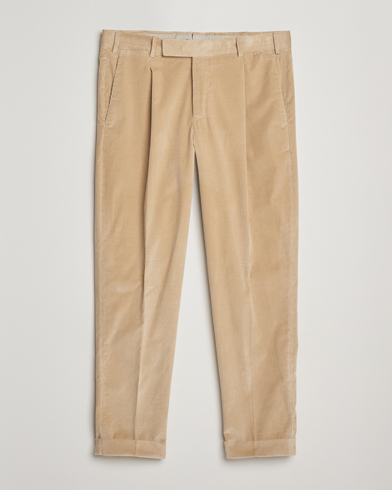 PT01 Slim Fit Pleated Corduroy Trousers Light Beige – Beige