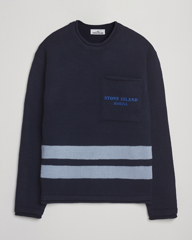 Stone Island Marina Knitted Wool Contrast Crew Neck Navy – Blau