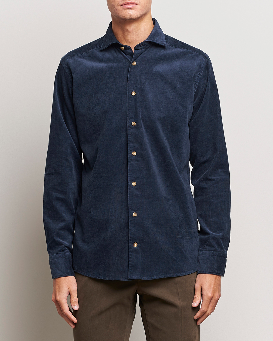 Herren | Cordhemden | Eton | Slim Fit Fine Wale Corduroy Shirt Navy Blue