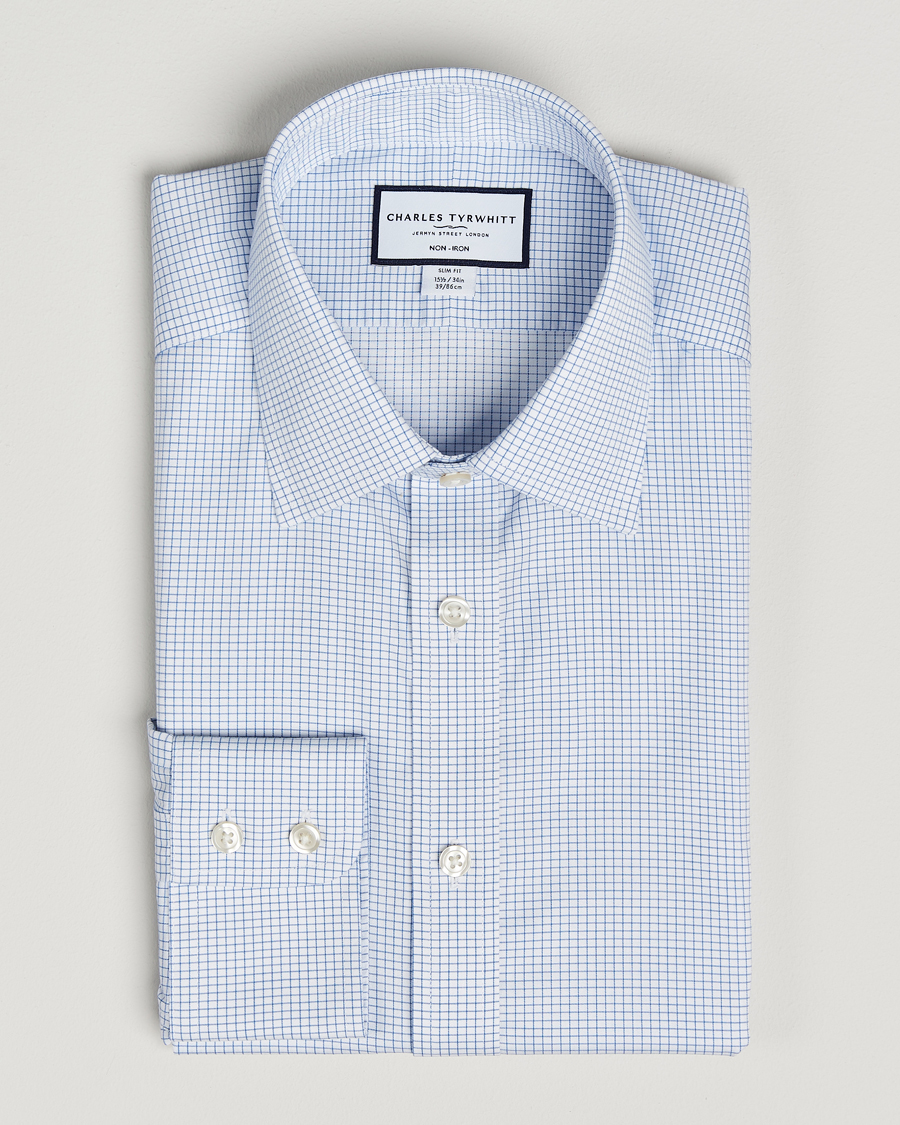 Herren | Hemden | Charles Tyrwhitt | Slim Fit Non Iron Mini Grid Check Shirt Sky Blue