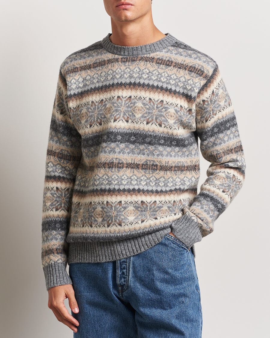 Herren | Harley Of Scotland | Harley Of Scotland | Supersoft Lambswool Fairisle Crewneck Grey