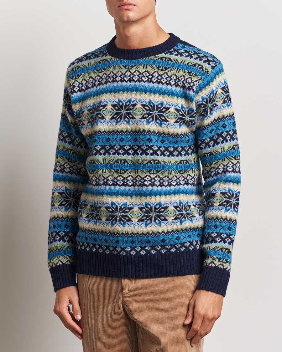 Herren | Strickpullover | Harley Of Scotland | Supersoft Lambswool Fairisle Crewneck Navy