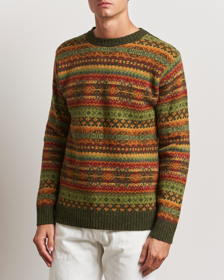 Herren | Pullover | Harley Of Scotland | Supersoft Lambswool Fairisle Crewneck Green