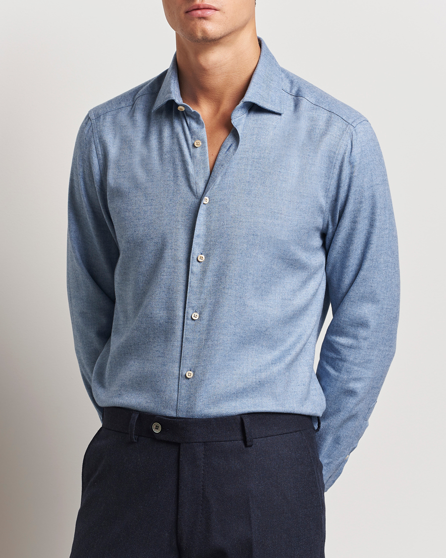 Herren |  | Stenströms | Slimline Brushed Cotton/Lyocell Cut Away Shirt Blue