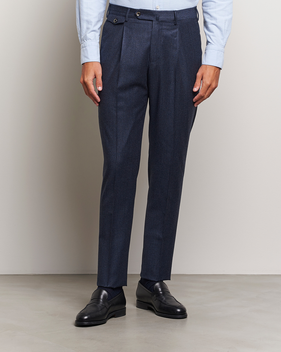 Herren | Neue Produktbilder | PT01 | Slim Fit Pleated Houndstooth Flannel Trousers Navy