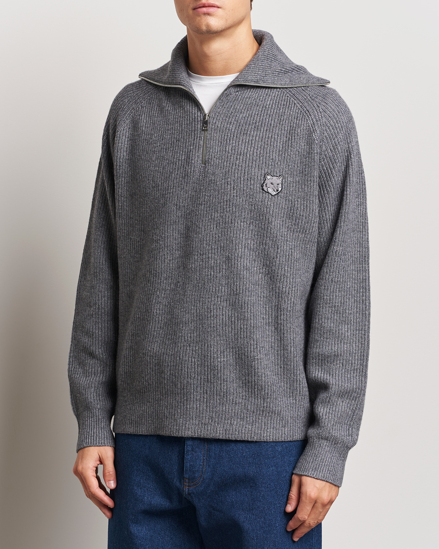 Herren |  | Maison Kitsuné | Bold Fox Rib Knitted Half Zip Medium Grey Melange