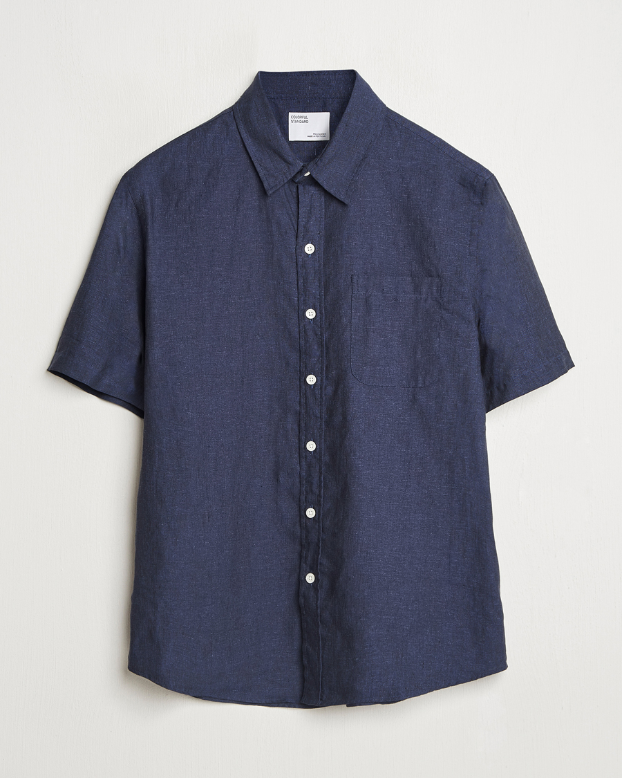 Herren | Hemden | Colorful Standard | Garment Dyed Linen Short Sleeve Shirt Navy Blue
