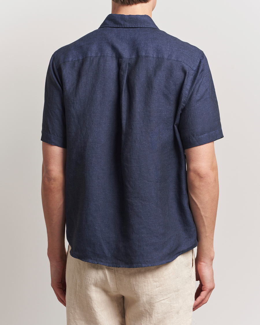 Herren | Hemden | Colorful Standard | Garment Dyed Linen Short Sleeve Shirt Navy Blue